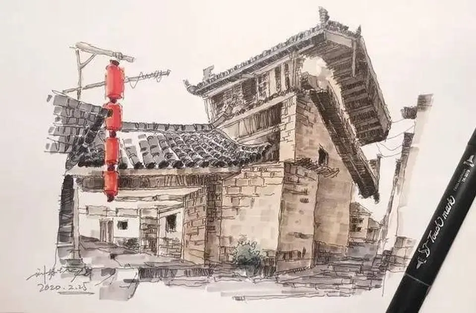 分享钢笔画速写，古村落风景马克笔上色手绘过程，享受艺术生活！