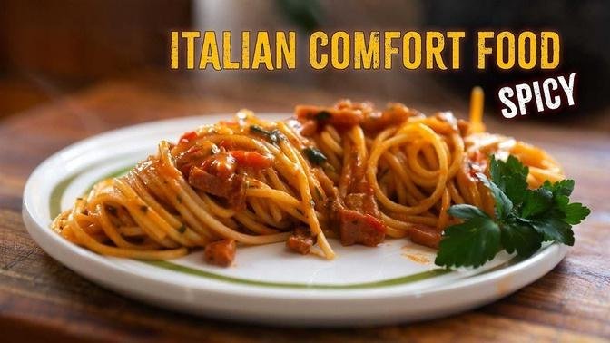 Try this! Italian Comfort Food - Spaghetti with Crispy Pancetta and Spicy Tomato Sauce