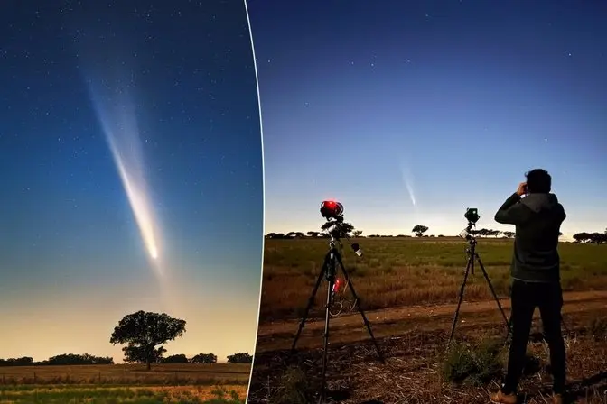 Comet Chaser Captures Epic Shots of Atlas Comet With Spectacular Anti-Tail in Pink Twilight Sky