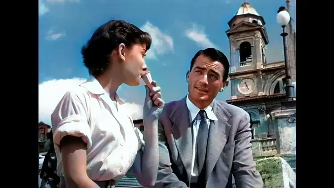 Roman Holiday 1953 Audrey Hepburn Gregory Peck Take a Holiday Scene colorized remastered 4k