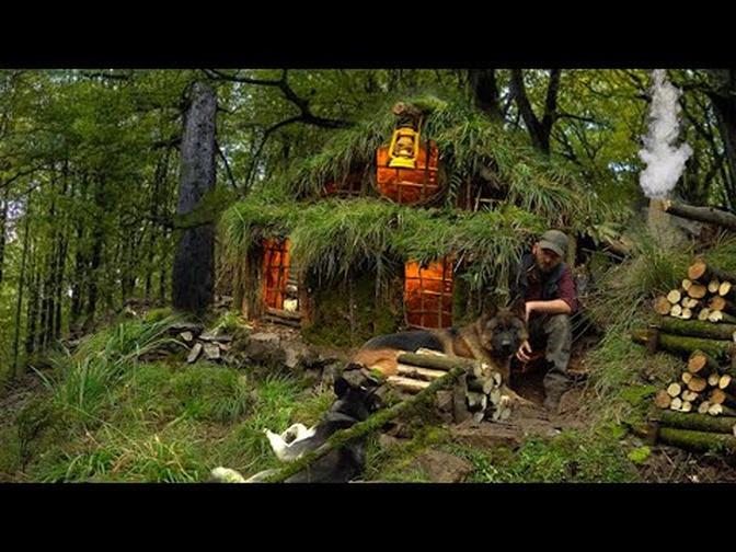 Building a natural survival shelter with a fireplace Bushcraft scenic ...