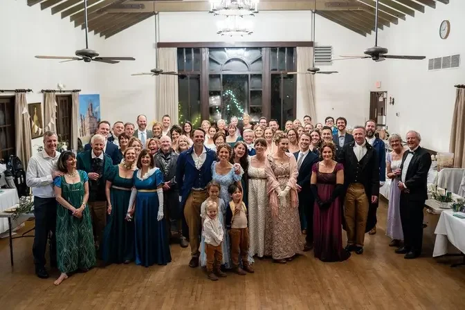 Mrs. Cook with her guests at her Regency ball 40th birthday party. (Courtesy of <a href="https://www.instagram.com/sprucestudiofilms/">Brett Edwards</a> via <a href="https://www.instagram.com/worlds.of.hope/">Katie Cook</a>)