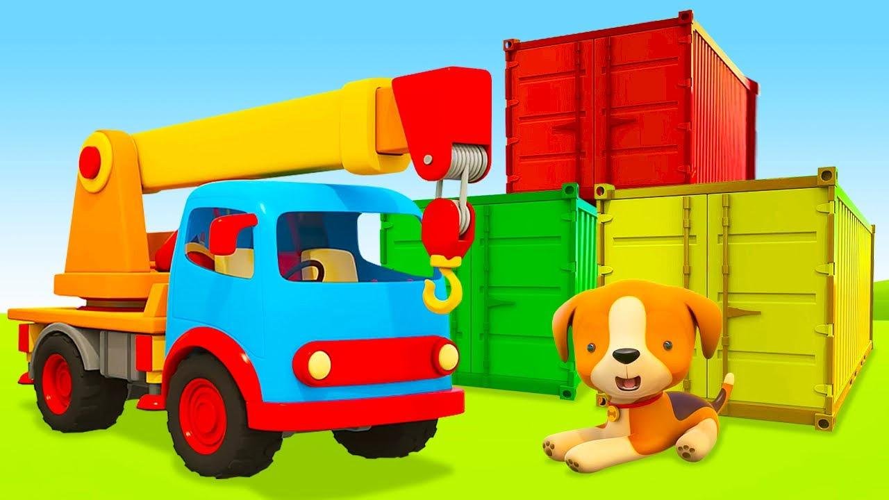 Helfer Autos Cartoon. Der kleine Hund und die Container. Die Helfer Autos auf Deutsch