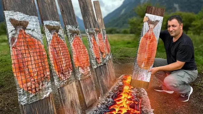 It's a Unique Way to Cook Fresh Trout! Outdoors Cooking in a Quiet Village in Azerbaijan