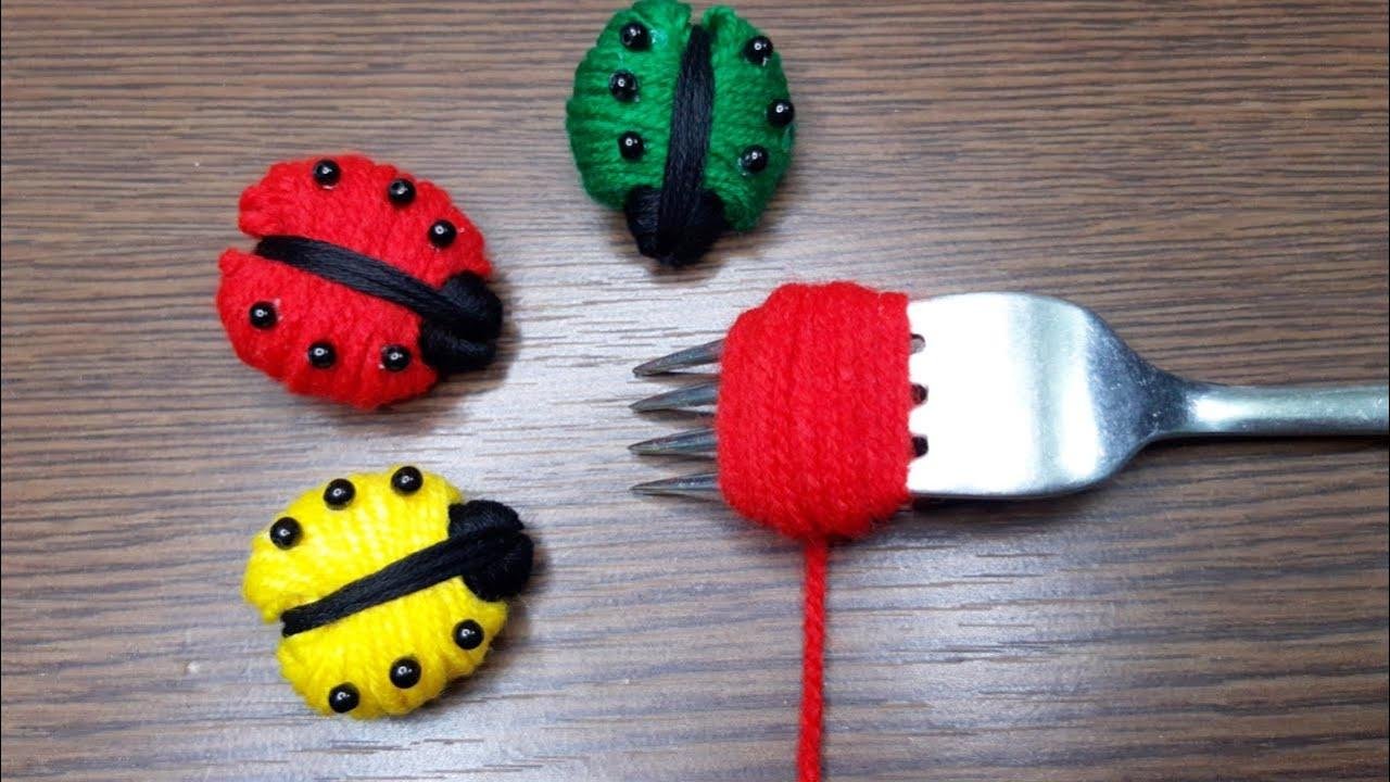 Amazing Woolen Craft Idea With Fork-Easy Ladybug Making Idea With Woolen Yarn-Wool Thread Design