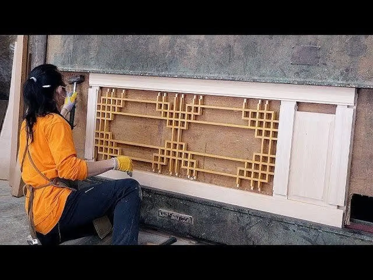 Process of Old Carpenter Making Traditional Korean Gate.