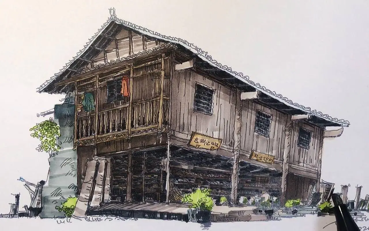 钢笔画手绘农舍速写，记录马克笔上色画法步骤，这样画表现力极强