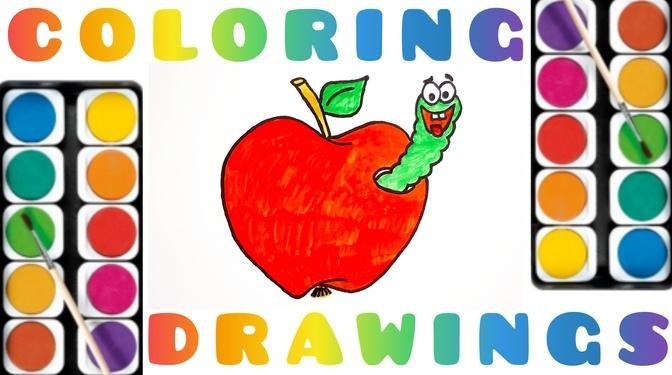 Simple Drawings Ideas for beginners | How to draw and paint colorful apple with worm for kids