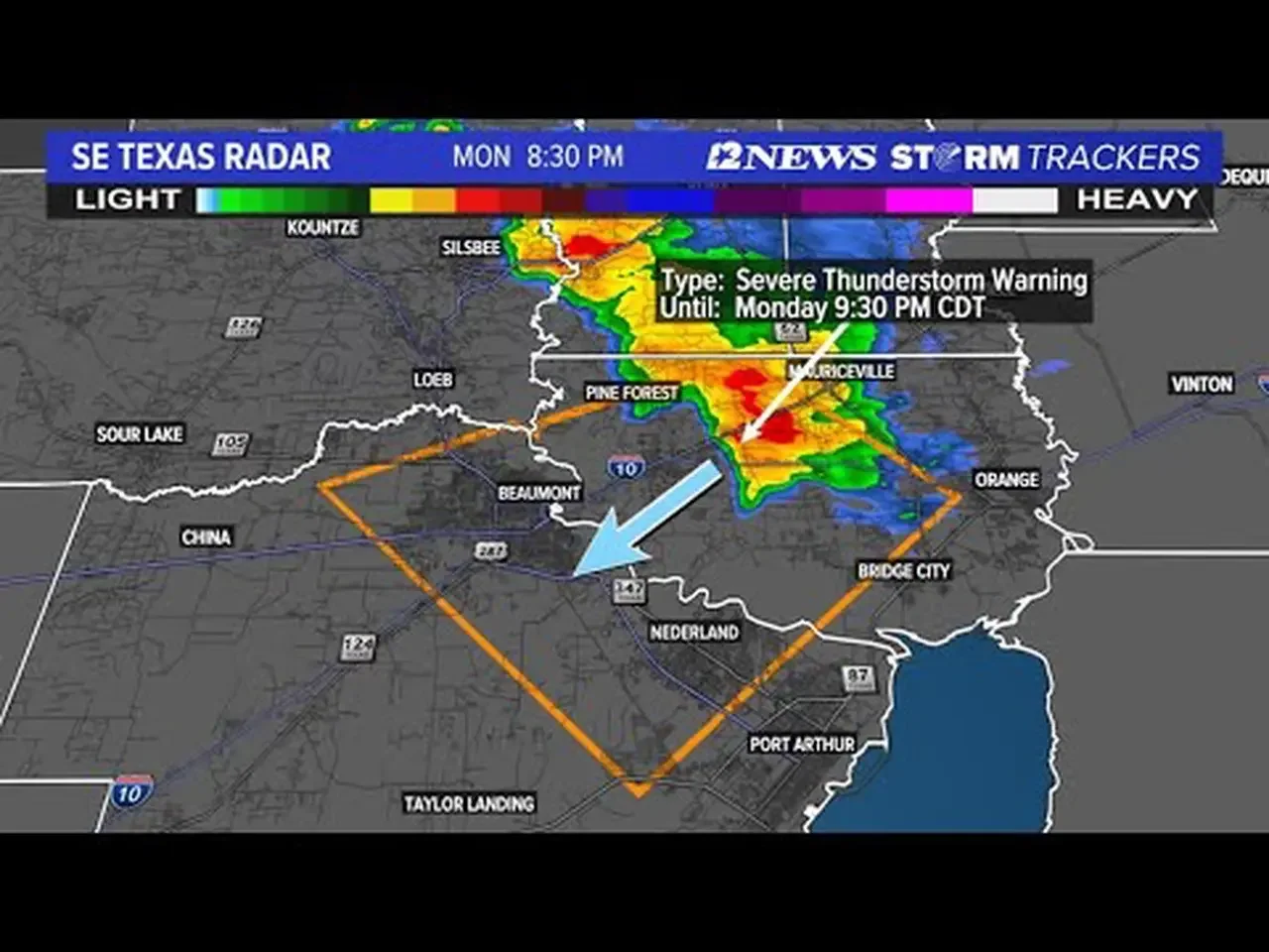 WEATHER LOOP: Severe Thunderstorm Warning in effect for Jefferson, Orange Counties Monday night