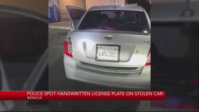 Alleged car thief in Benicia places homemade license plate on stolen vehicle