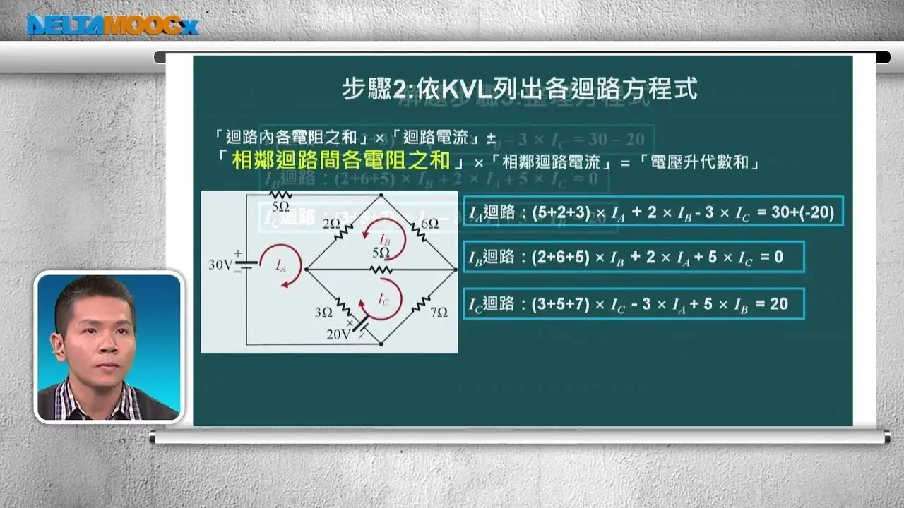 高中基本電學_第四章 直流網路分析_4-2 迴路電流法_part D 範例：迴路電流法應用於三個迴路電路_胡凱詠