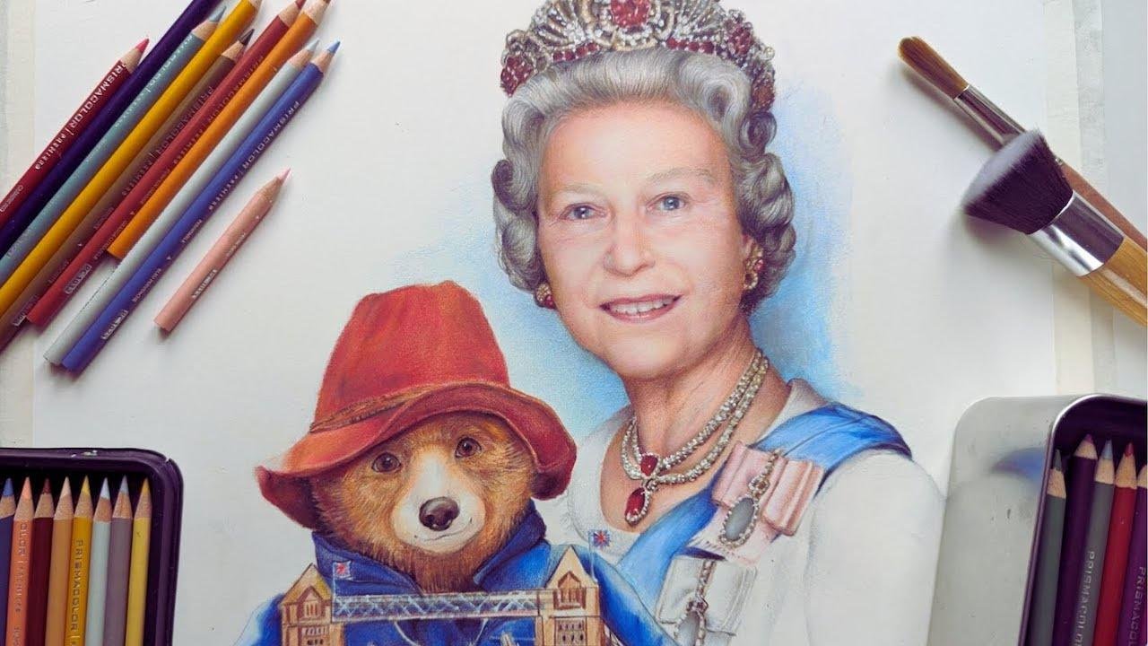 #kindnessiscool Queen Elizabeth and Paddington Bear - drawing process - colored pencils