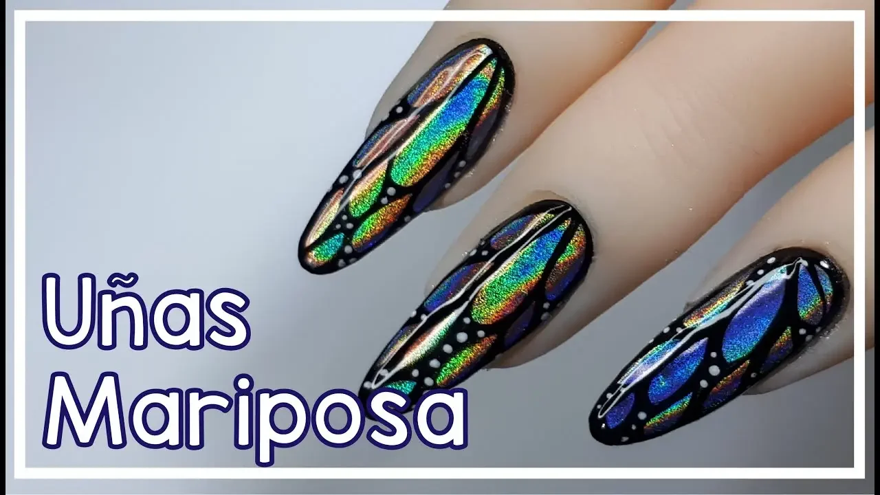 Uñas de MARIPOSA con EFECTO UNICORNIO / HOLOGRAFICO | Diseño de uñas medianas con punta almendra