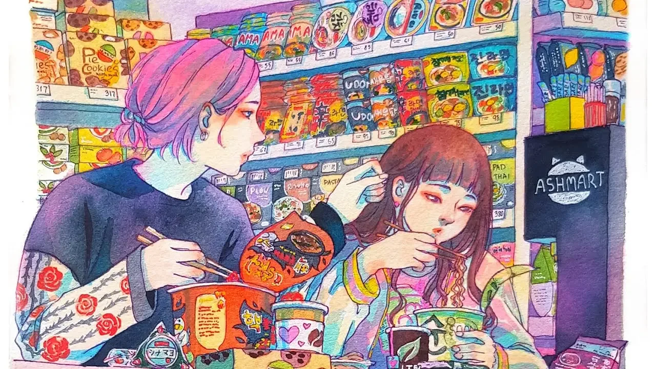 Convenience store snacking - Watercolor Illustration