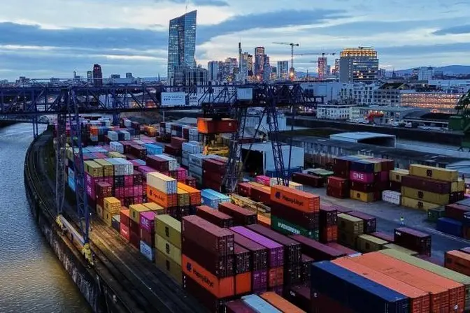 Containers are stored in a cargo terminal in Frankfurt, Germany,...
