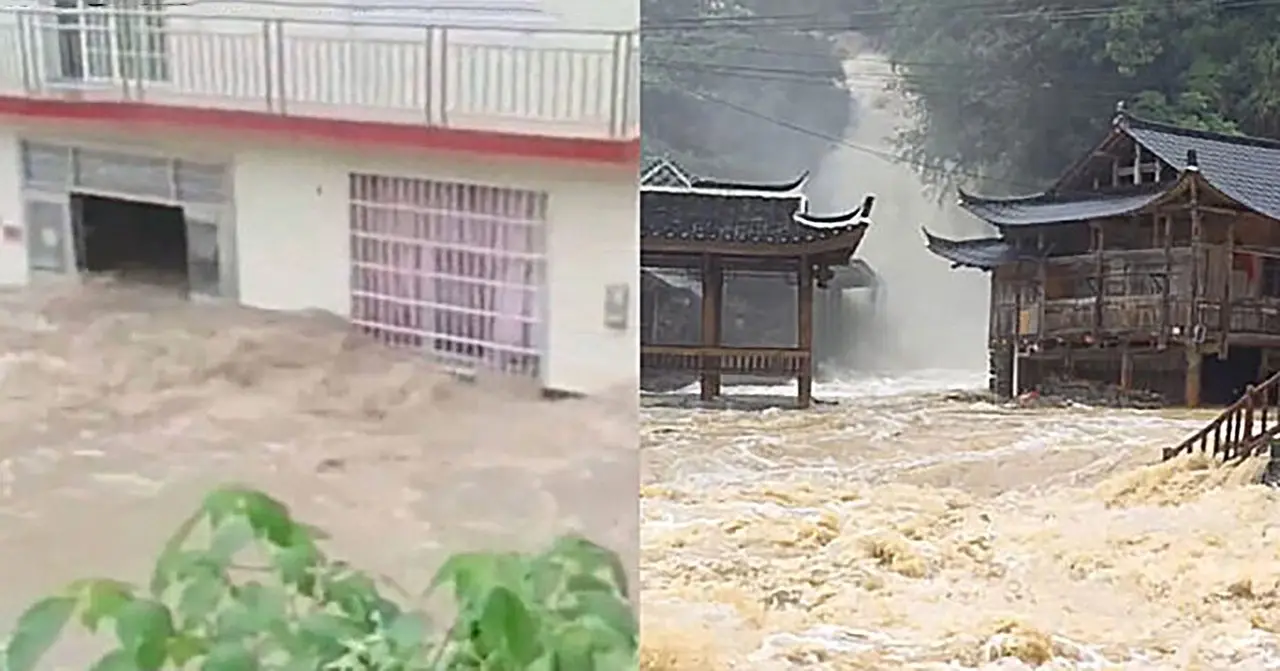 Hujan Deras di Zhangjiajie, Tiongkok  Membuat Banyak Rumah Terendam Banjir, Air Banjir Menembus Lantai Satu